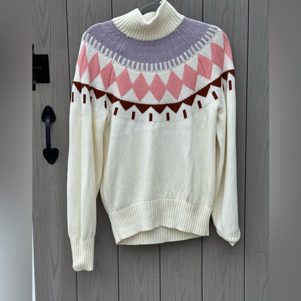 Free Assembly Cream Sweater with Pink and Purple Patterns- Cotton & Wool